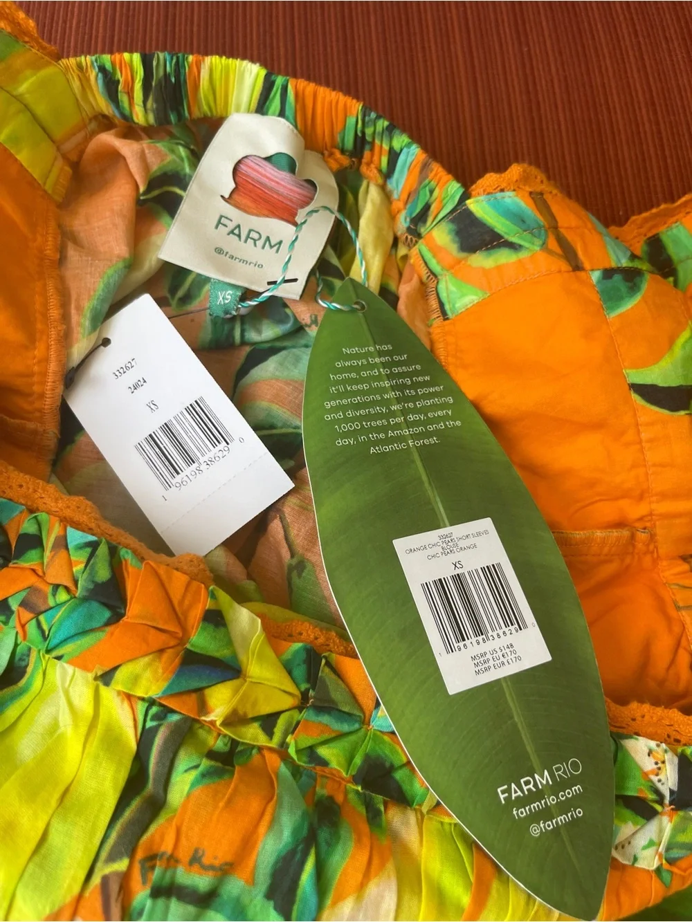 Farm Rio Orange Lemon‑Print Puff Sleeve Top - Size XS